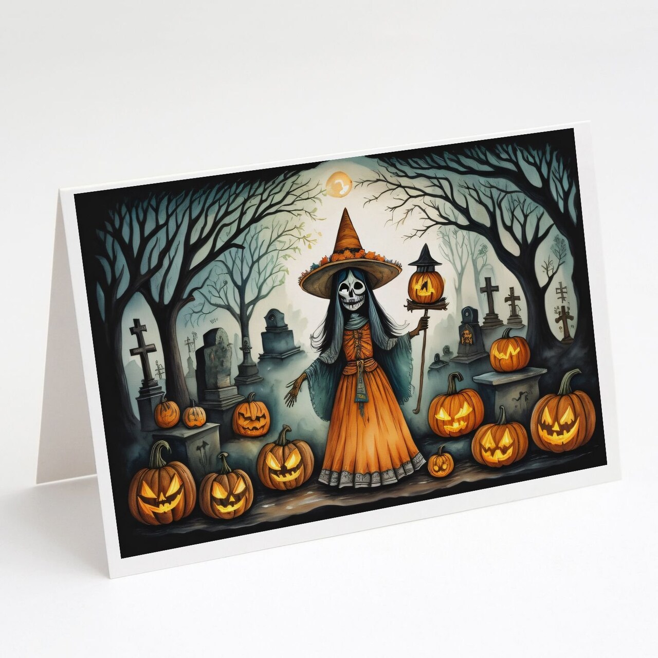 Edge Collections - 5" x 7" - Orange - La Llorona Skeleton Spooky Halloween Greeting Cards - 8 Pieces